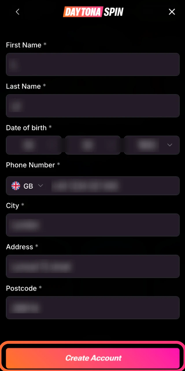 Submit your details to finalise registration on the Daytona Spin mobile app.